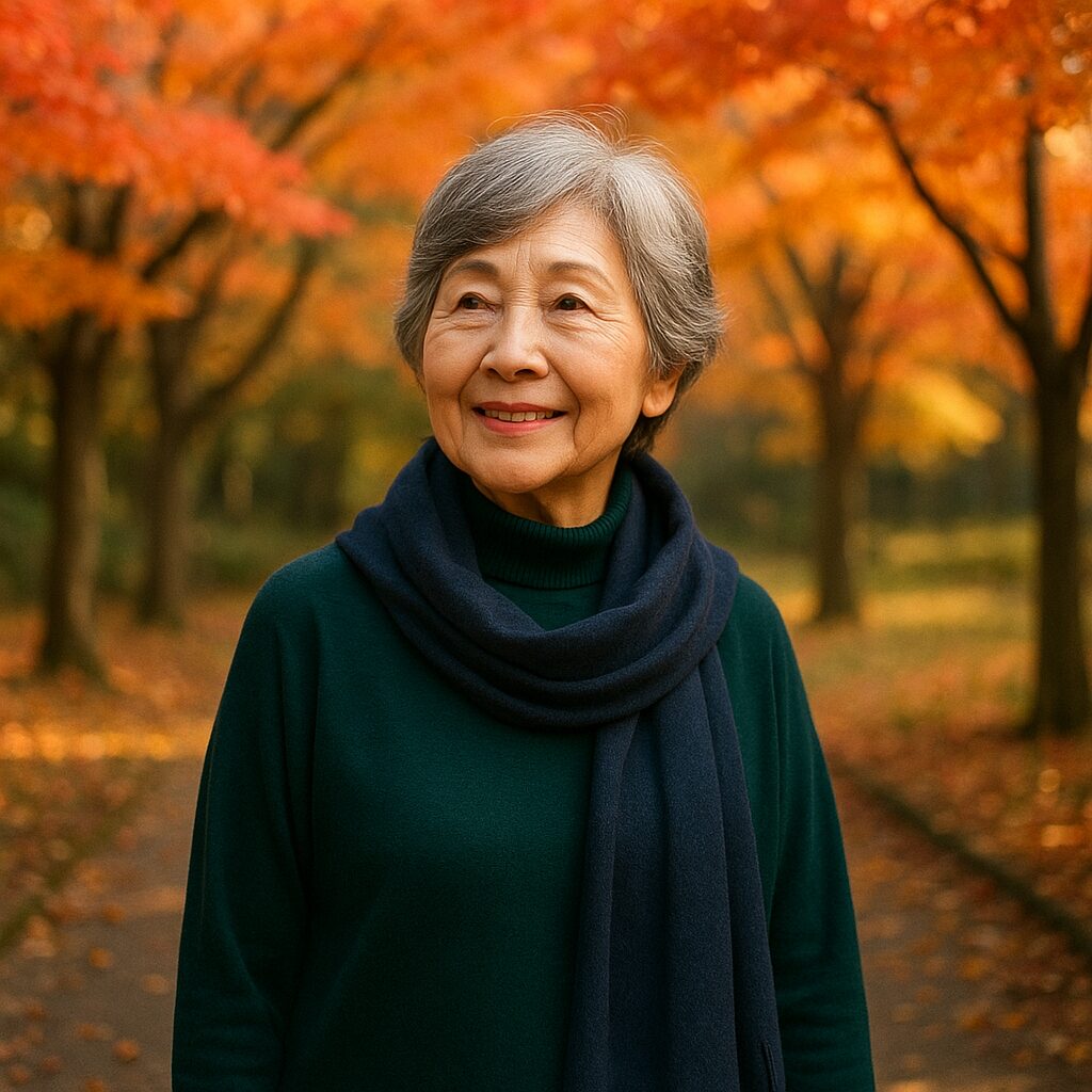 AI生成画像:着こなし例D。深緑ニットに紺ストール。紅葉背景。(人物は実在せず)