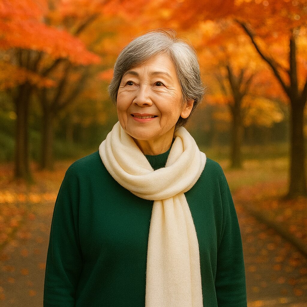 AI生成画像:深緑ニットに白ストール。変更点:ストールの色のみ。紅葉背景。(人物は実在せず)