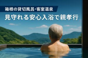 老親の露天風呂入浴を見守る景色